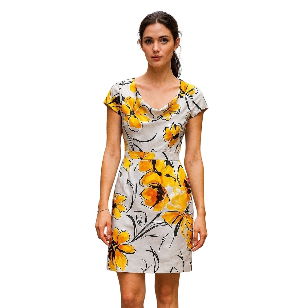Merona Womens Dress‎ Size 2P Yellow Floral Cowl Neck Cap Sleeve Sheath 2 Pet